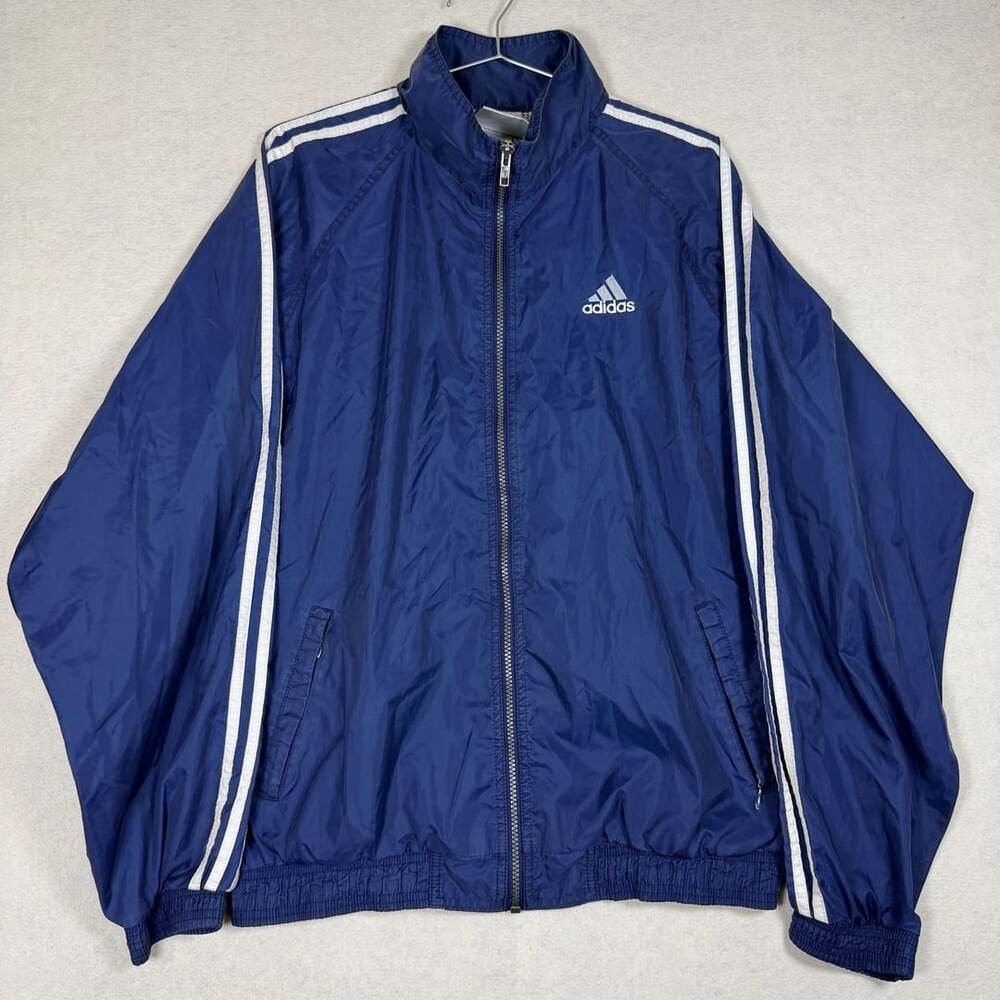 Vintage Adidas Jacket Mens M Vintage Blue Nylon Full Zip Windbreaker 3 Stripes
